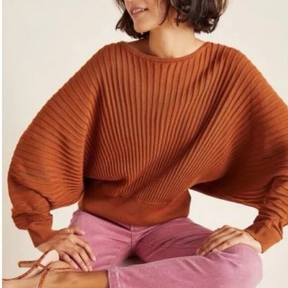 Anthropologie Karla Boat Neck Sweater Dolman Sleeve Rib Knit Alpaca Wool Pecan - Picture 1 of 9